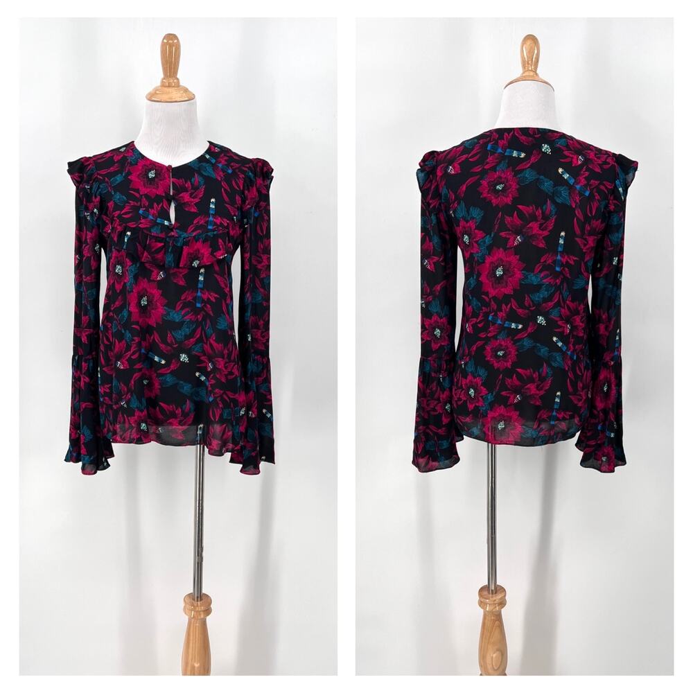 & OTHER STORIES Floral Print Top Women 4 Black Turquoise Pink Blouse Bell Sleeve